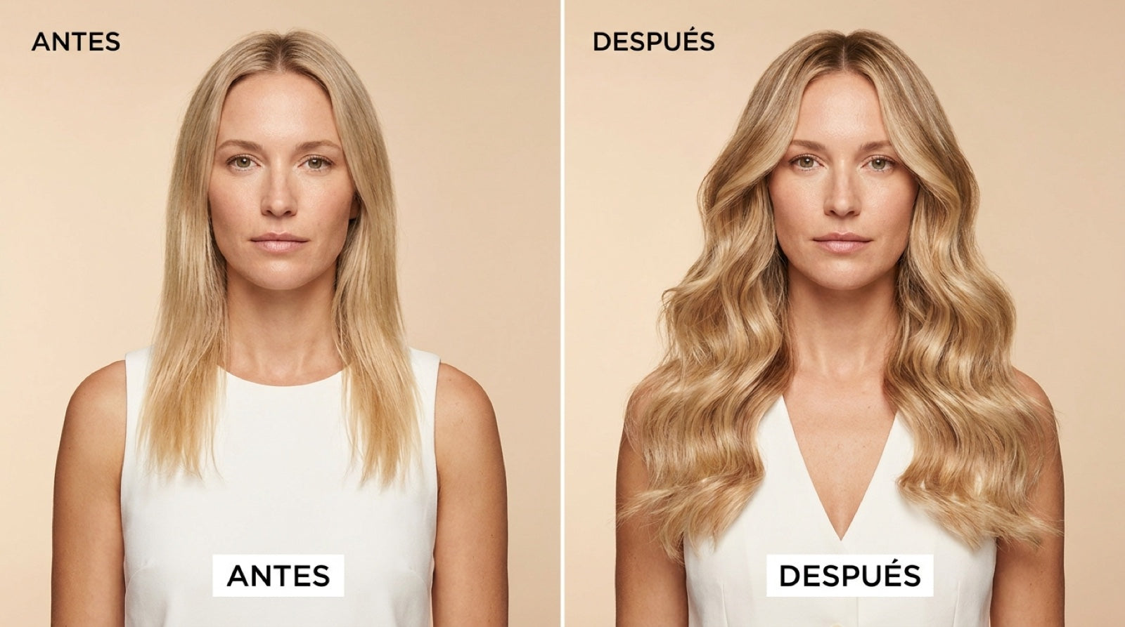 Antes y después de una aplicación de extensiones EHE Light: de melena fina a melena larga y voluminosa