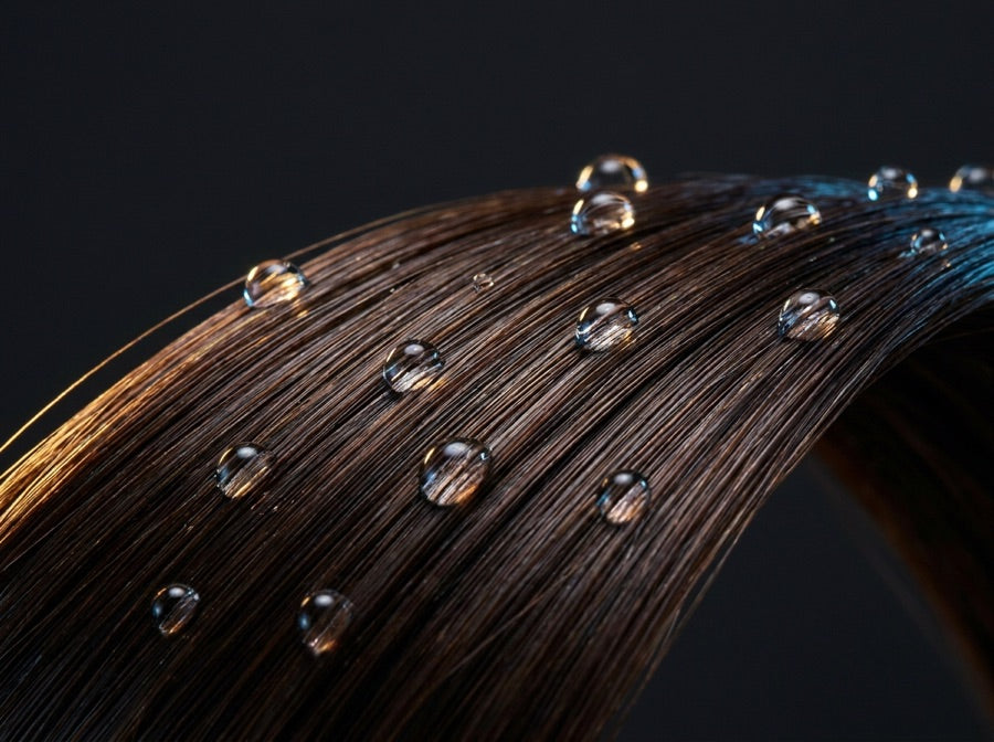 Gotas de agua perlándose sobre mechones brillantes