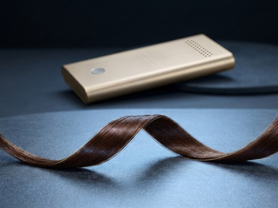 Mecha de cabello sana en primer plano; una plancha apagada queda atrás en la sombra