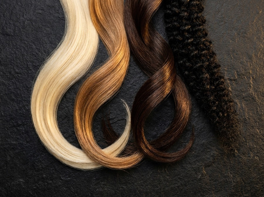Cuatro texturas de cabello: liso, ondulado, rizado y afro, en abanico